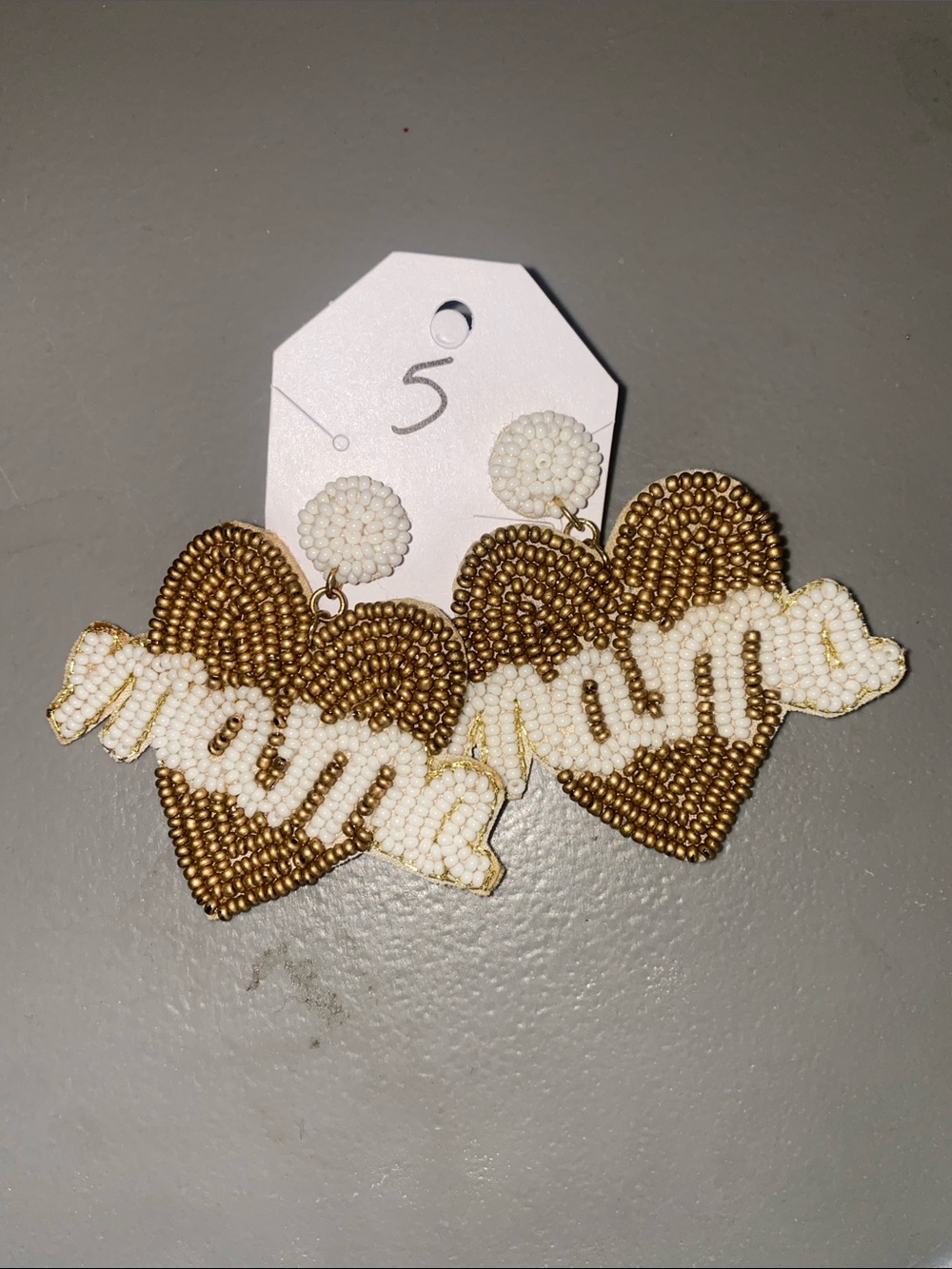 Beaded Brown and White Mommy Heart Drop Earrings